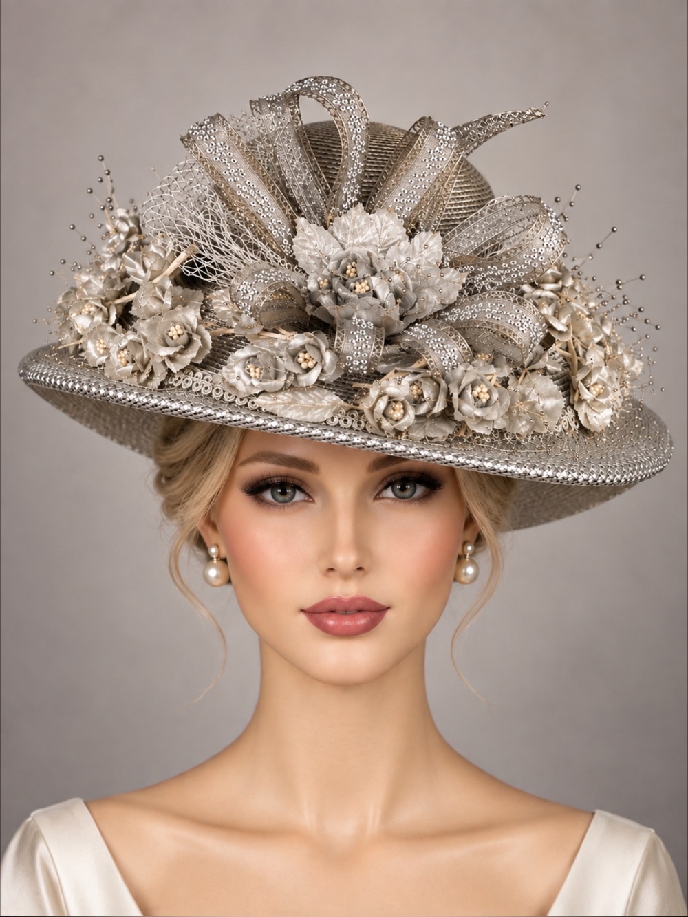 J.F.Y Collection New York Silver Floral Wide Brim Church Derby Statement Hat